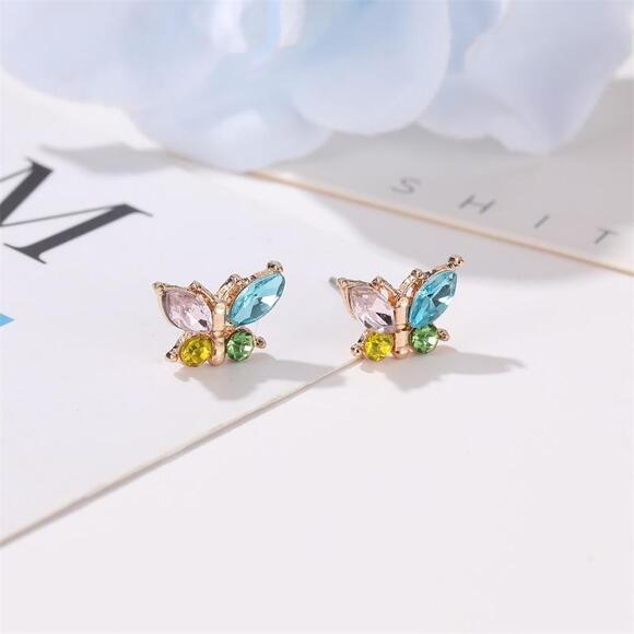 Butterfly Gemstone Stud Earrings Gold Fashion Jewelry Colorful Pink Blue Green - Picture 4 of 6